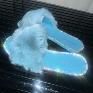 Blue Furry Slides with Rhinestone Trim